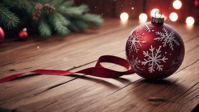 The primary subject of the image is a red and white Christmas ornament. The ornament is placed on a wooden table, which serves as the setting. The visual style of the image is a photo, capturing the ornament in detail. The dominant colors in the image are red and white, creating a festive and joyful atmosphere.